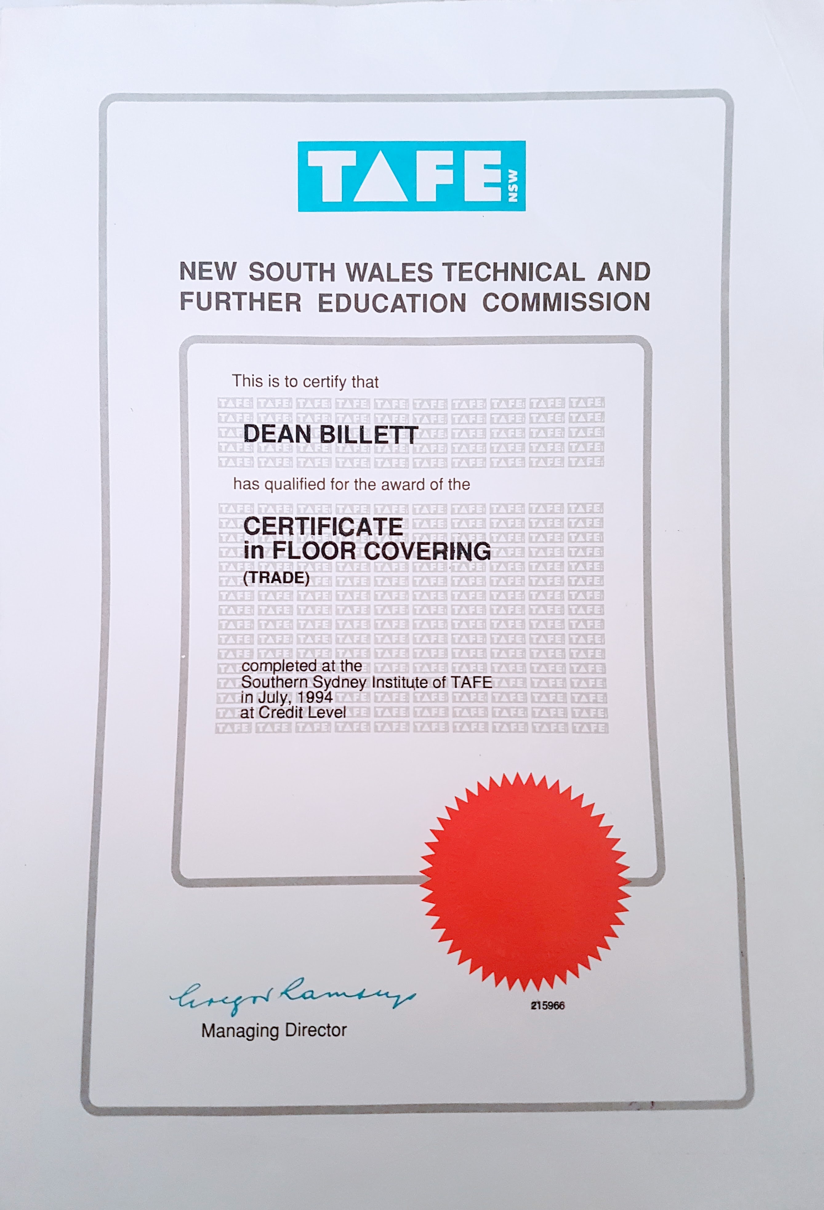 NSW TAFE certificate in Floor Covering (Trade) awarded to Dean Billett