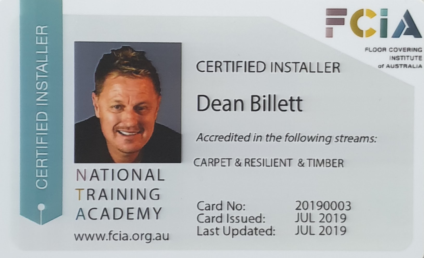 Floor Covering Institute of Australia Certified Installer card for Dean Billett